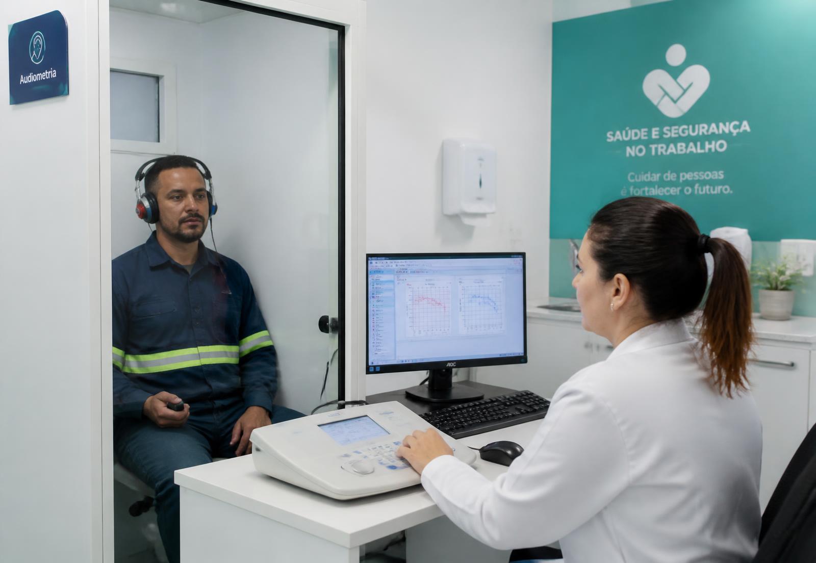 Fonoaudióloga da Occupare realizando exame de audiometria em um trabalhador